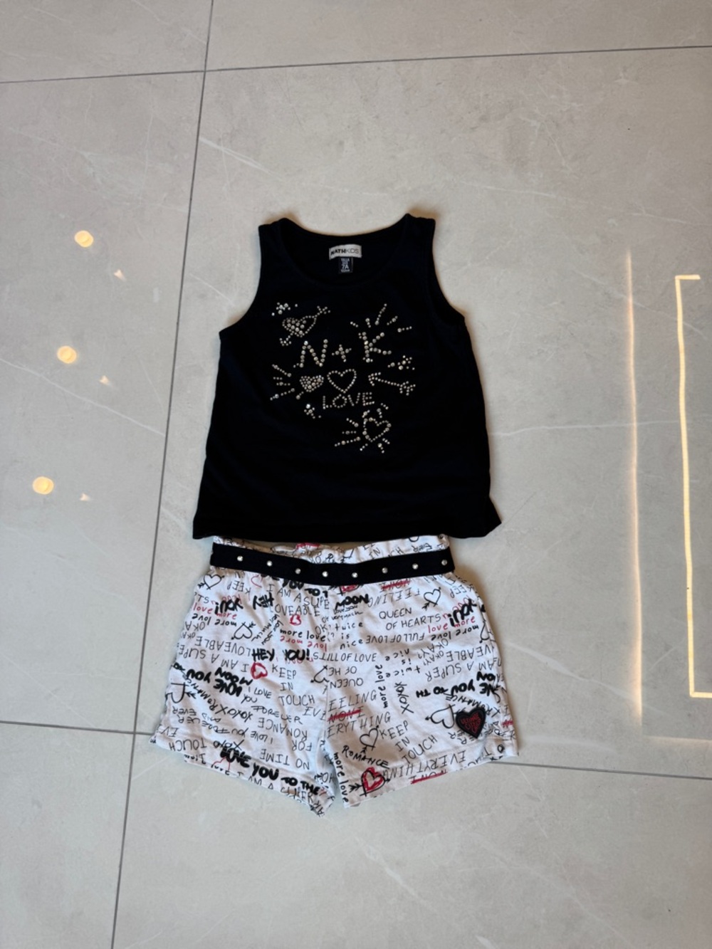 Nath Kids Black Studded Heart Tank & White Graphic Shorts Kids Matching Set